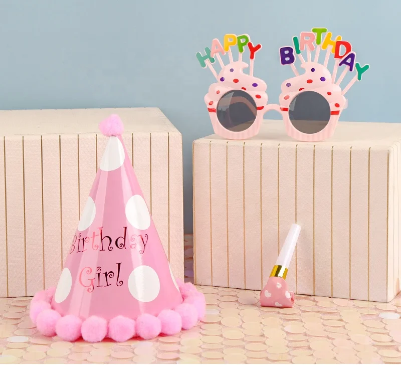 New Product Birthday Party Supplies Kids Birthday Paper Cone Hat With Pom Poms Birthday party hat party cone hat