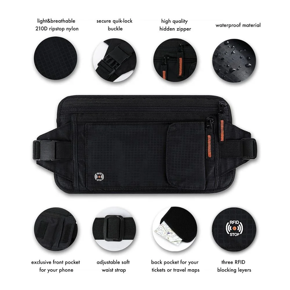RFID Travel Money Belt - Hidden Holder For Passport - Secret, Safe Waist Wallet