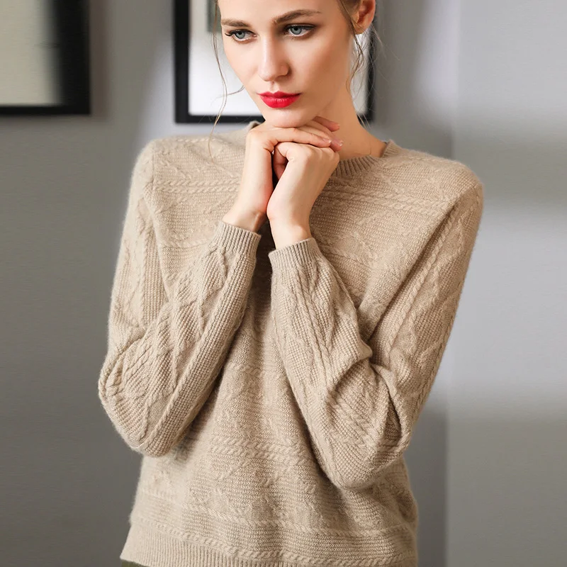 
2021OEM ODM Fall Winter Pullover O Neck Women 100% Cashmere Basic Hand Knit Sweater 