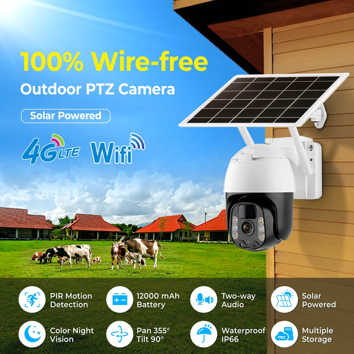 Manufacturers wifi 4G sim card solar battery powered ptz camera humanoid auto tracking wireless 4g solar surveillance camera