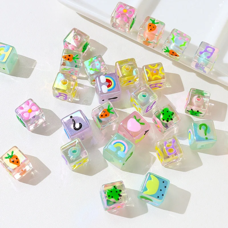 Cute hand-painted square acrylic beads DIY handmade jewelry bracelet necklace mobile phone chain beaded accessories