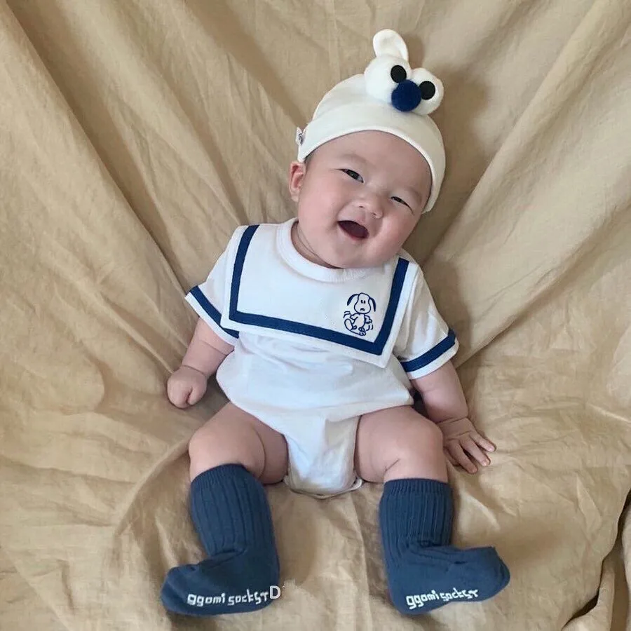 Hot Sale Summer Newborn triangle hip bodysuit sailor collar baby rompers custom for oem odm wholesale with sock