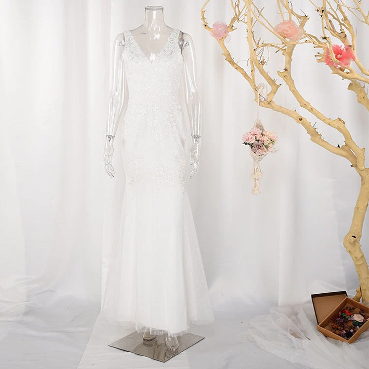 
Custom logo 100% polyester embroidered sleeveless maxi dresses women elegant gauze fabric for wedding dress 