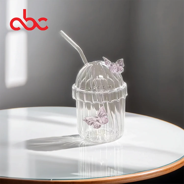 Nordic Pink Butterfly Design Glass Tumblers Milk Mugs With Straw And Lid For Coffee For Parties