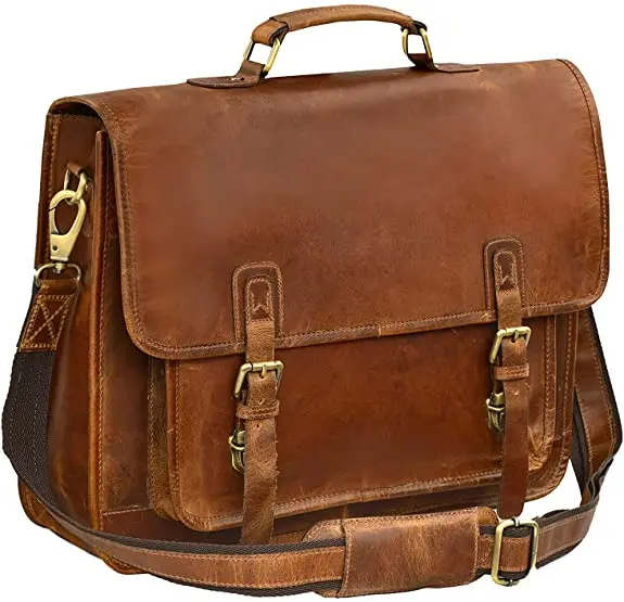 18 Inch Handmade Retro Buffalo Leather Briefcase Laptop Messenger Crossbody Shoulder Bag Office Briefcase