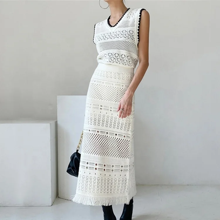 Knitwear manufacturers custom summer white cutout knit beach skirt sets women 2 piece outfits