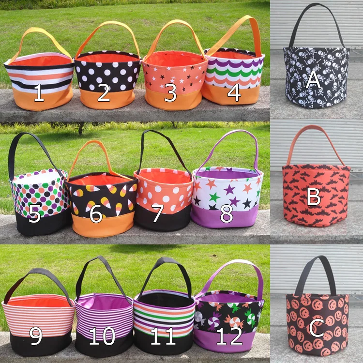 Halloween Pumpkin Bucket Supplies Black Orange Bat Skeleton Decoration Fabric Trick or Treat Candy Tote Bag Gift Basket For Kids