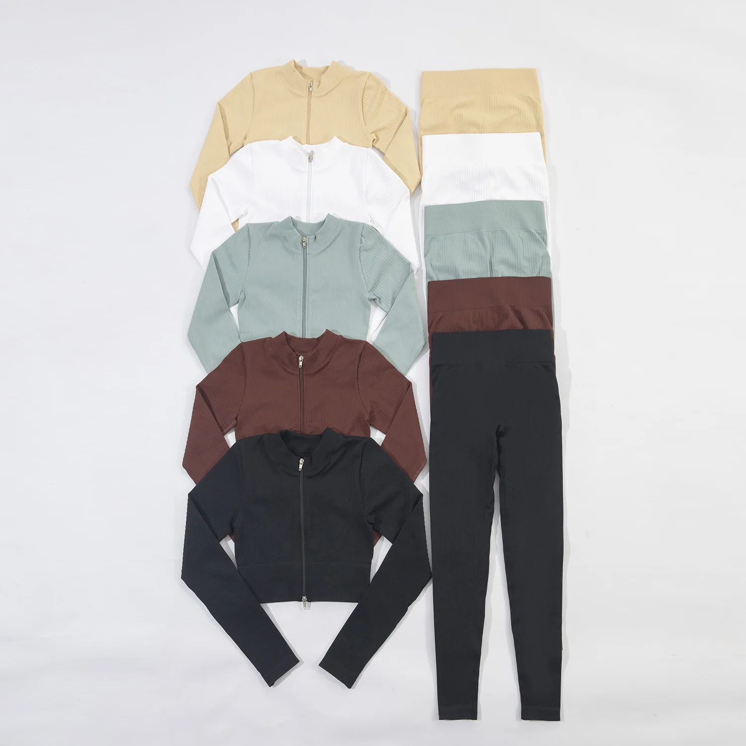 Ins Hot 6 Piece Ribbed Yoga Set Zipper Natural Color Seamless Fitness Apparel Gym Workout Clothing Womens Activewear Sets 2022