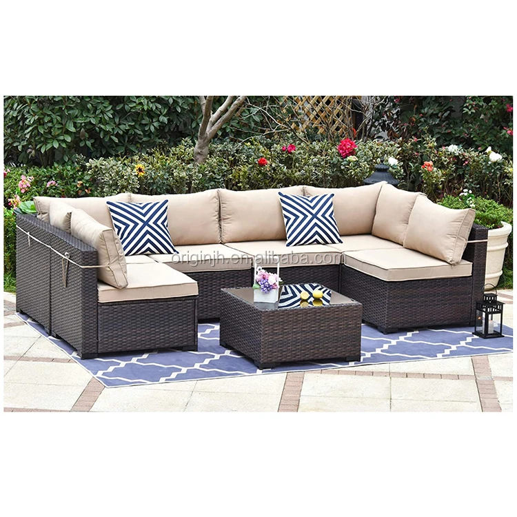 Wholesale outdoor patio tempered glass top table furniture modular sectional kd synthetic pe rattan wicker sofa set 7 seater
