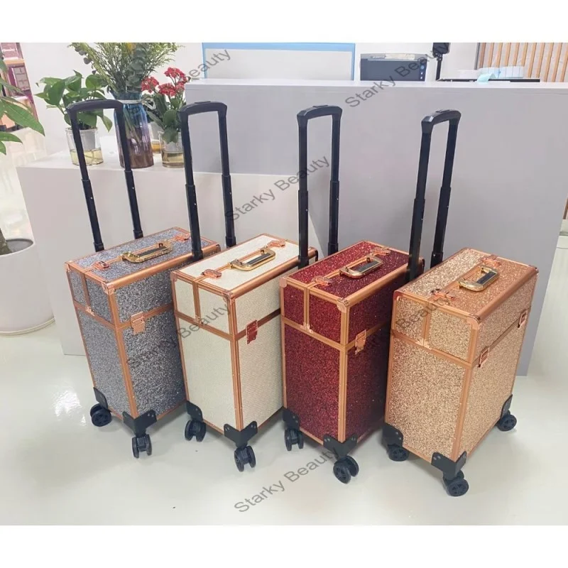 2024 Professional Aluminum Makeup Trolley Case Beauty suitcase Organizer Rolling Cosmetic Train Case Removable 4-wheel