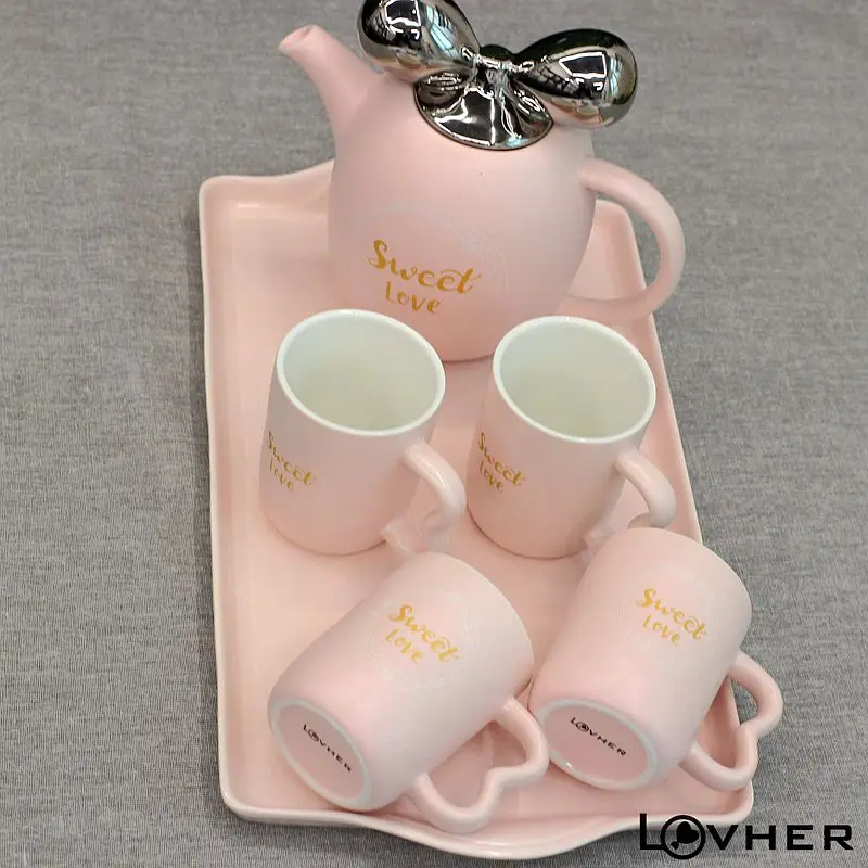 Big Quantity Porcelain cute color glazed gold silver lid tea pot set with tea cup and ceramic tray for Home Kids Office Restaura