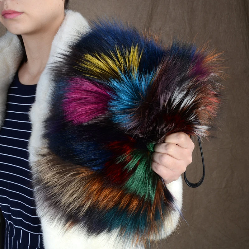 Fluffy fox fur clutch real fur fashion women purse winter multi color fur shoulder bags with metal chain