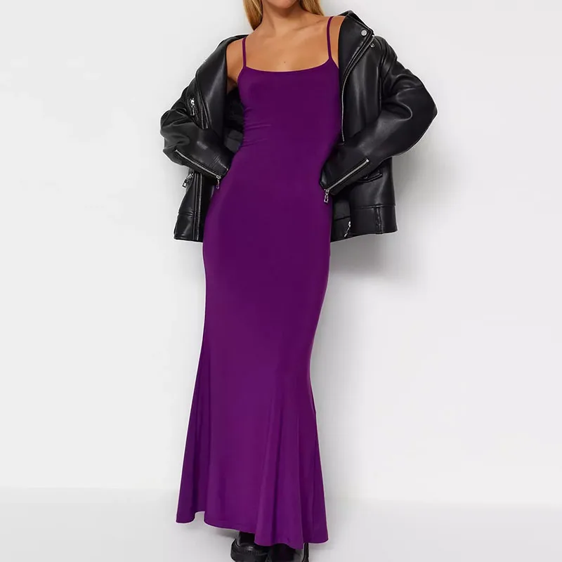 Trend Summer Casual Solid Square Neck Sleeveless Bodycon Mermaid Hem Knitted Maxi Elegant Women Dresses