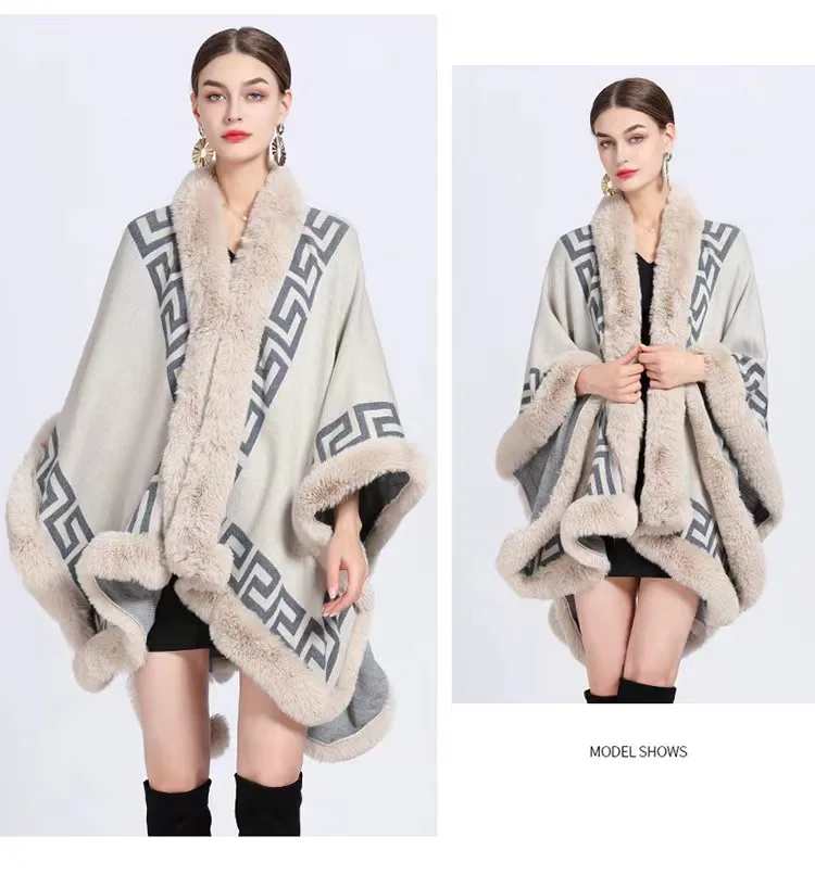 2024 New Design Winter Women Jacquard Wraps Stole knitted Oversized Faux Fur Collar Poncho Cape Shawl