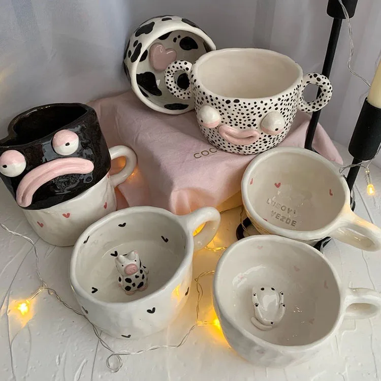 Wholesale Custom 2024 New Design Handmade Creative Tea Coffee Cup Hand Painted Unique Funny Irregular Ceramic Coffee Mug