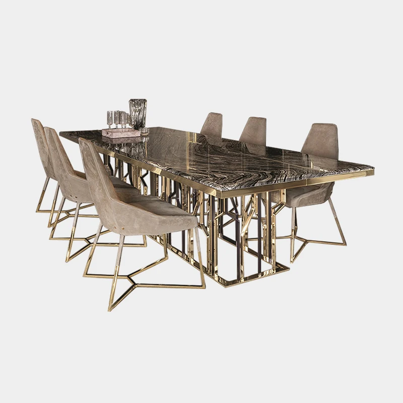 Italian Rectangular Ginza Stainless Steel Marble Dining Tables with 8 Seater Metal Stone Modern Light Luxury Simple