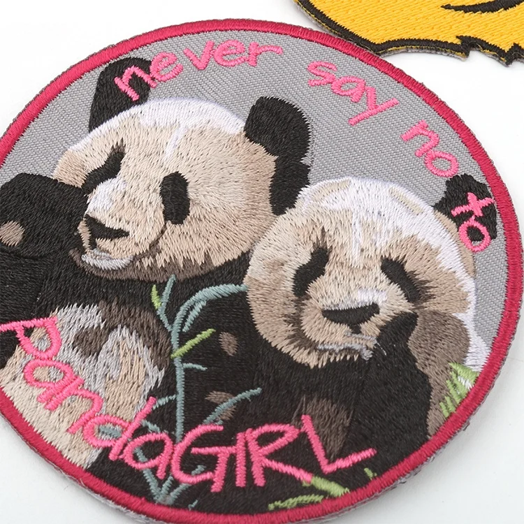 Wholesale Eco-friendly Custom Round Iron on Patches Cute Panda Cat Animal Logo Twill Embroidery Badges for Polo Shirts