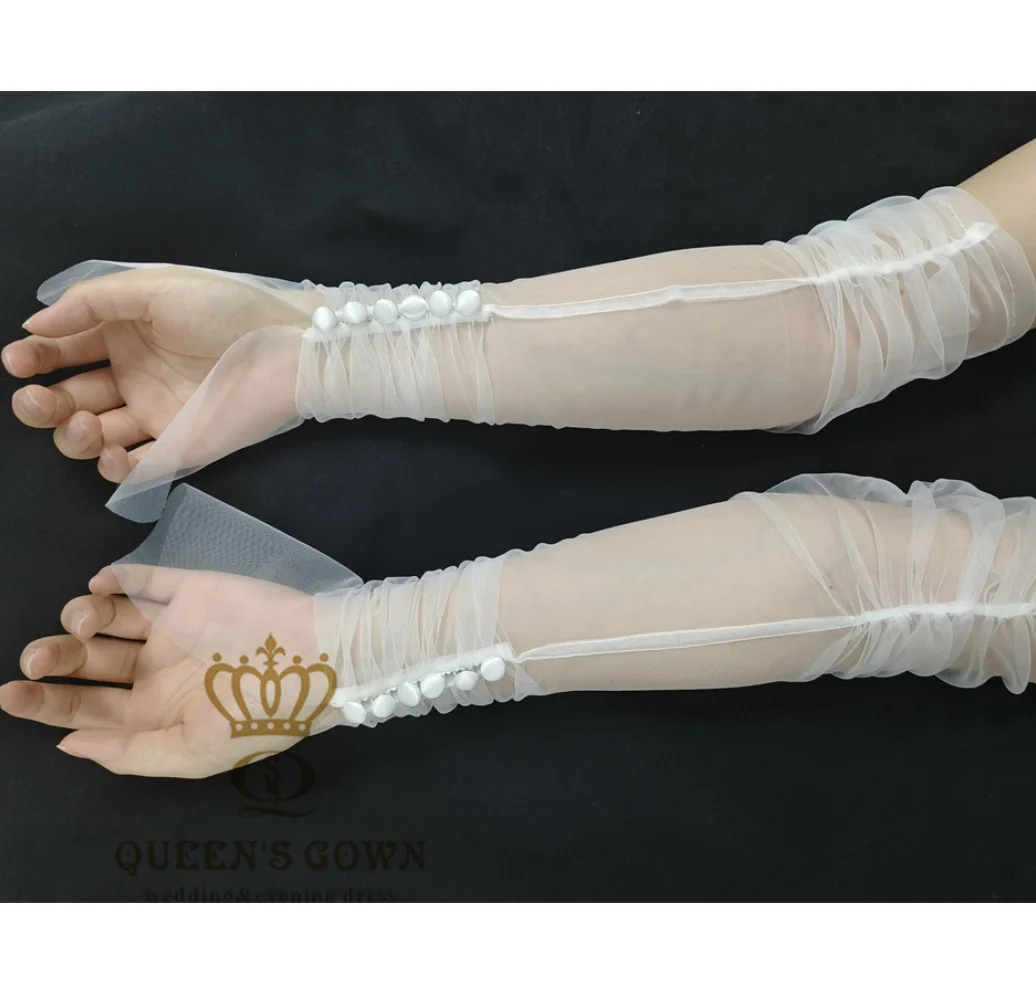 QUEENSGOWN Simple elegant soft tulle bridal gloves ivory pleat long gloves with button for bridal can be custom other color