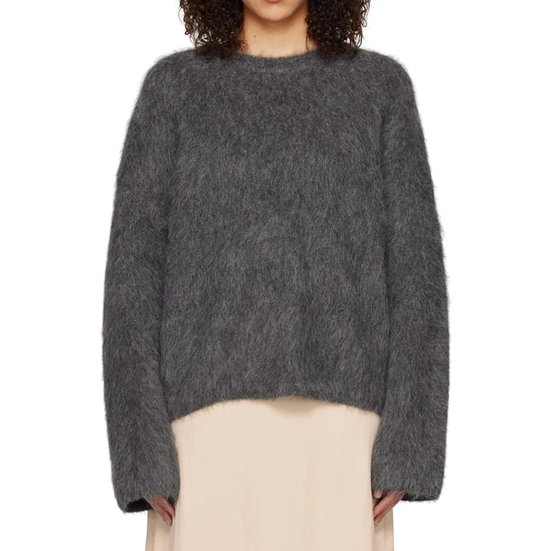 OEM custom logo design pullover crew neck knit stretch women long hairy knitted fuzzy chunky blend alpaca wool sweater