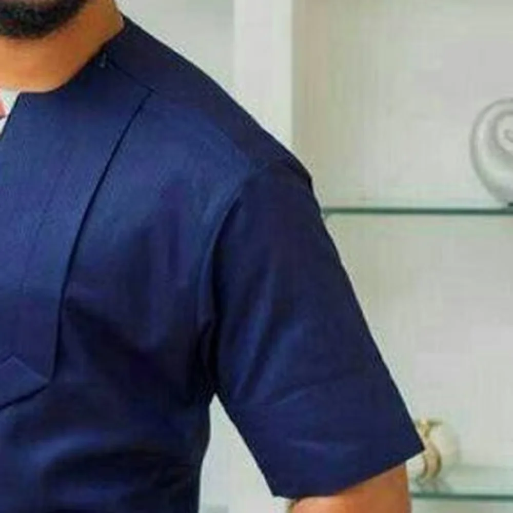 Custom Blue Dashiki Square Neck Thobe Short Sleeve 2-Piece Set for Men Traditional African Ethnic Muslim Clothing