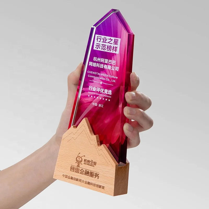 Retail OEM ODM Trofeos Cristal Medal UV Printing Crystal Glass Trophies Wood Base Victory Awards