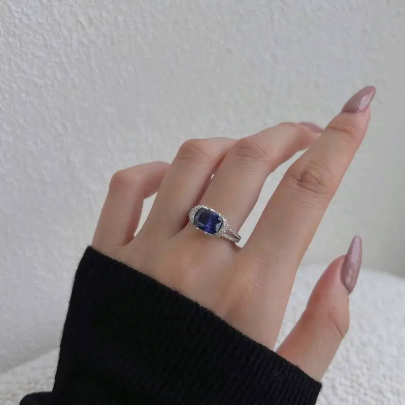 Dylam Custom Luxury Jewelry Iced Out Square Shape Diamond Sapphire Ring 925 Sterling Silver Engagement Wedding Ring For Women