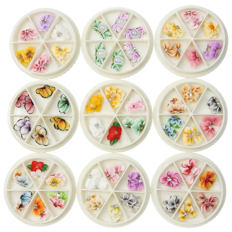 Hand Made Acrylic Flower Nail Art Decoration Kawaii Cute Butterfly Charms 3D Simulation Carved Floret Flower Nail Charm
