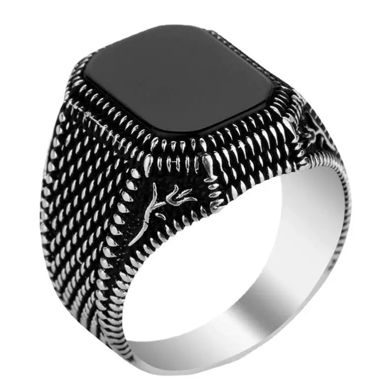 Wholesale Trendy Luxury Men Ring Unique Design Natural Black Onyx Stone Men Rings Stainless Steel Ring