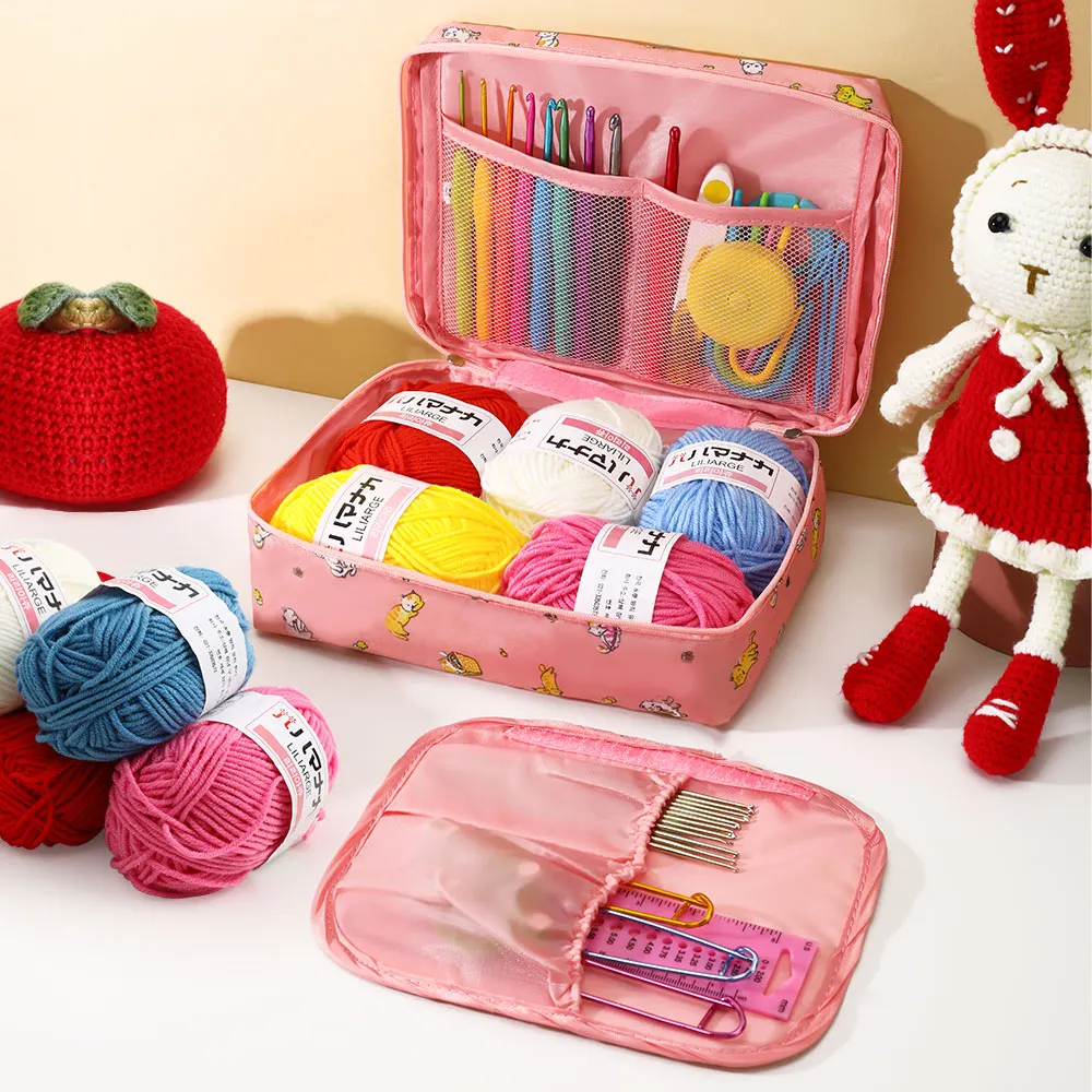 Crochet Kit Beginners with Crochet Yarn 58PCS Portable Crochet Accessories Set Ergonomic Hooks Knitting Needles Sewing Kit