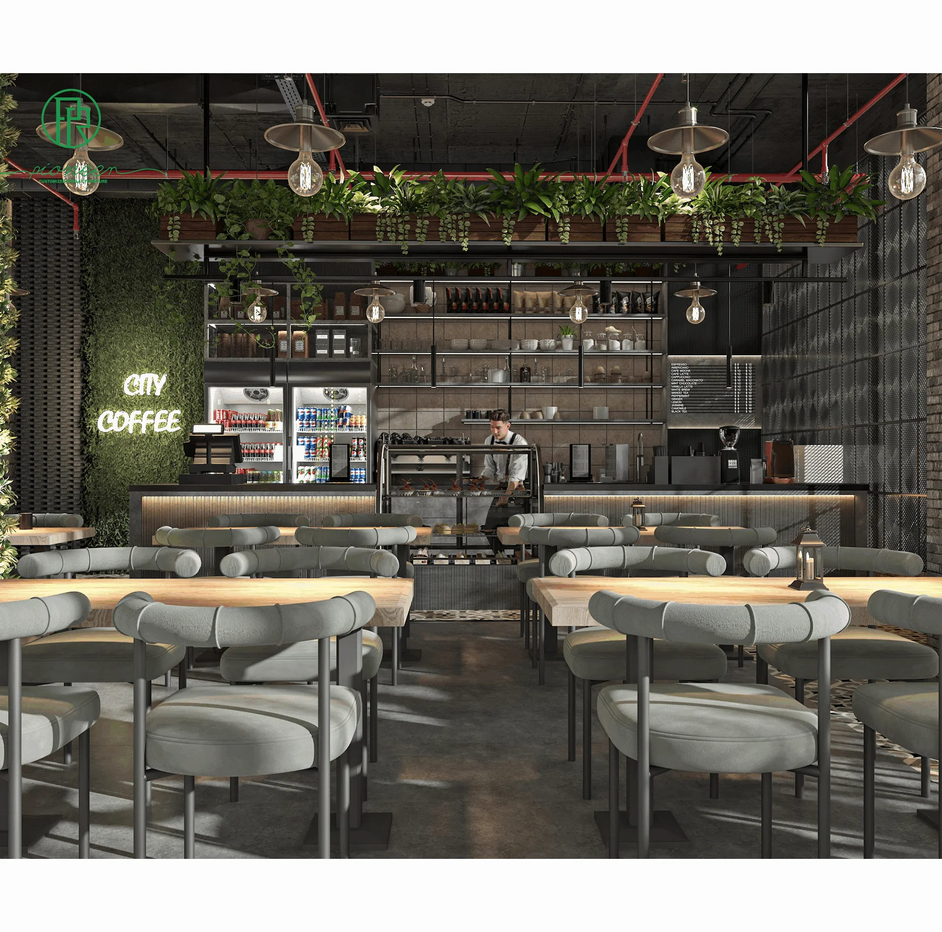 Modern Cafe Pub Interior Furniture Coffee Shop Tables and Chairs Lounge Seating Design Pizza Restaurant Decor