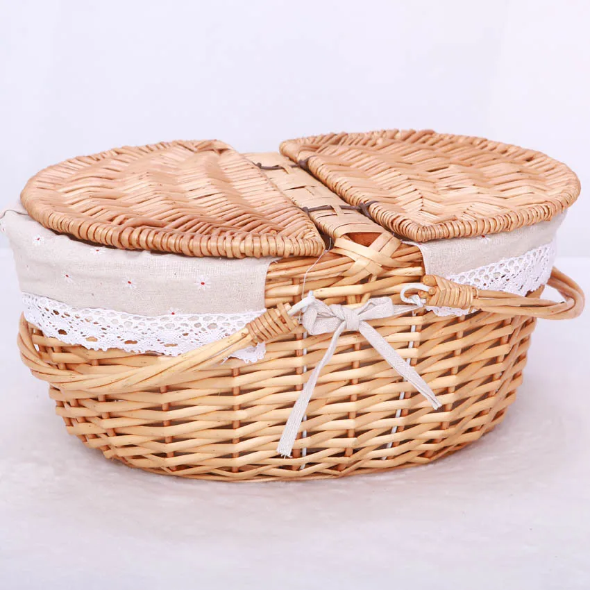 Wholesale Country Style Insulated Wicker Picnic Basket Hamper with Lid and Handle & Liners