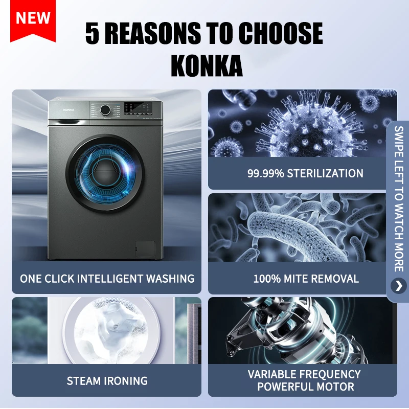 Konka 8kg 10kg Front Load Washing Machine 220V 50hz Powerful Motor 1950W 1400rpm With Spin Dry Class A Quick 15min Wash English
