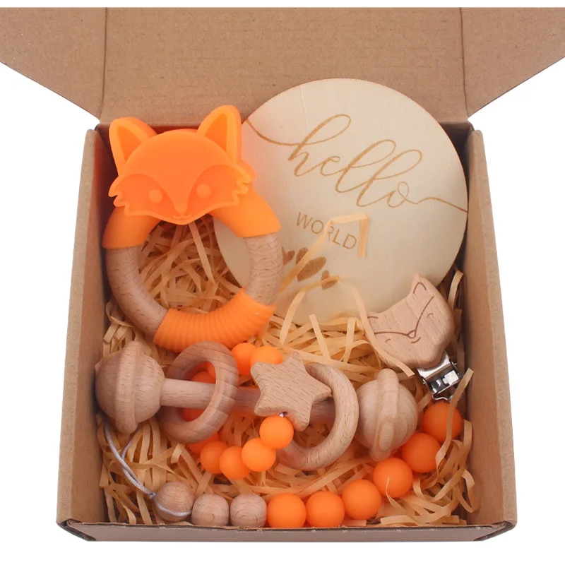New design baby beech silicone 4pcs baby gift set headband bunny teether rattle chewable baby teether