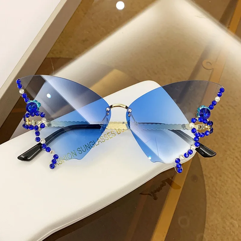 New trending chain legs oculos fashion women diamond cut out edge sunglasses custom good price butterfly style shaped sunglasses