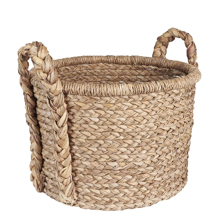 Large Wicker Floor Storage Basket with Braided Handle Light Brown