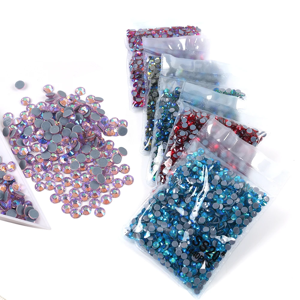 Luxe Hotfix Rhinestone AB Color Effect Glass Strass Iron On Crystals Heat Press Rhine stones with Grey Glue for Garment Dress