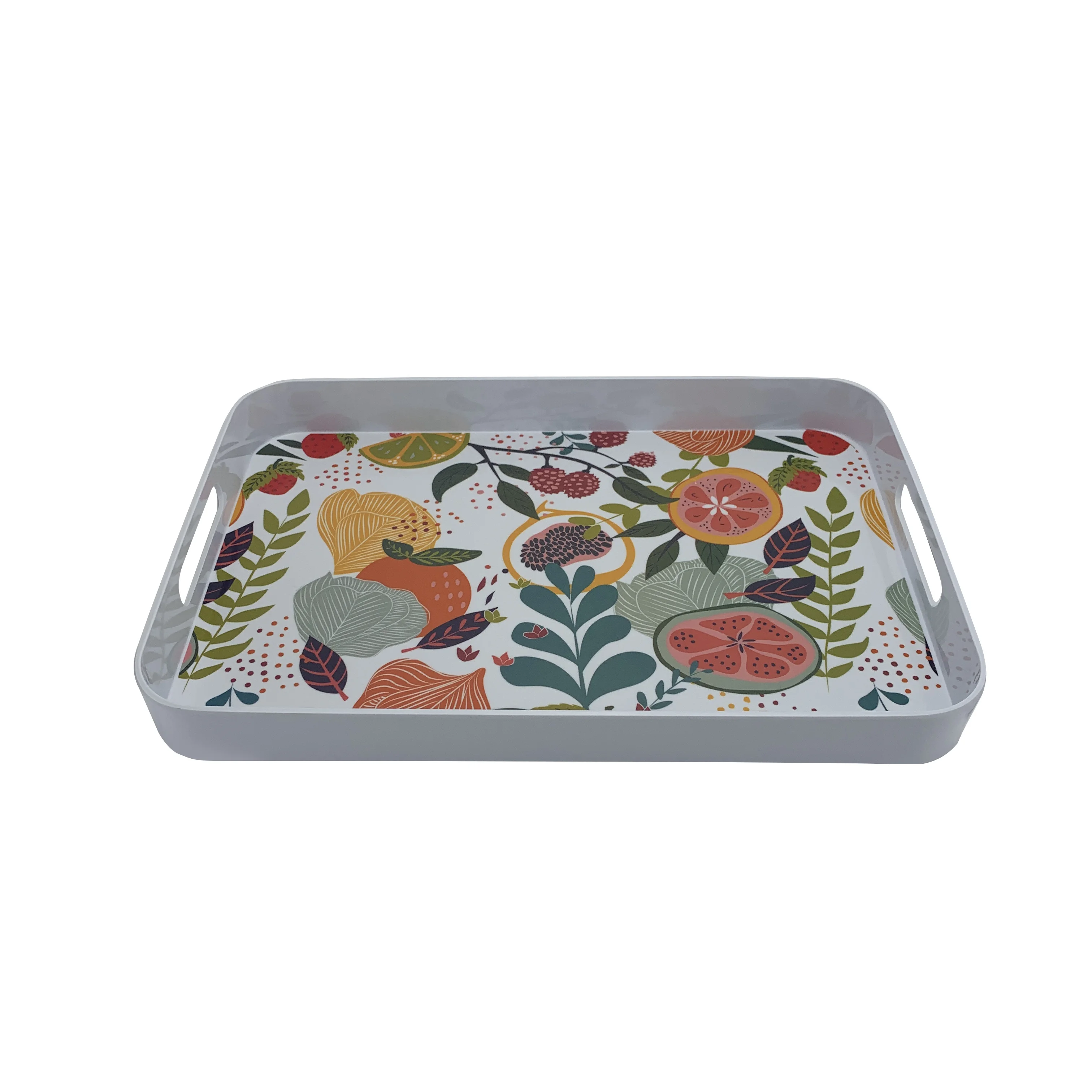 High Quality Hotel Restaurant Glossy Melamine Handled Retangular Serving Tray with Printing