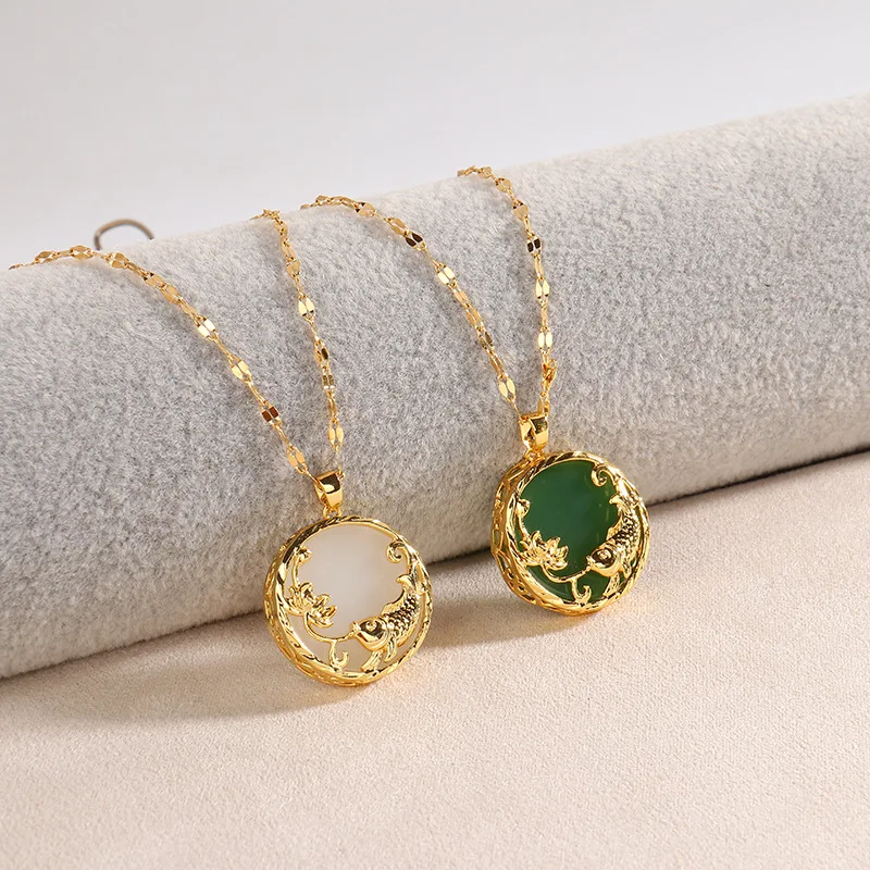 NUORO Fashion 18K Gold Plated Stainless Steel Chain Necklace Chinese Style Jewelry Round Green White Gemstone Jade Necklace
