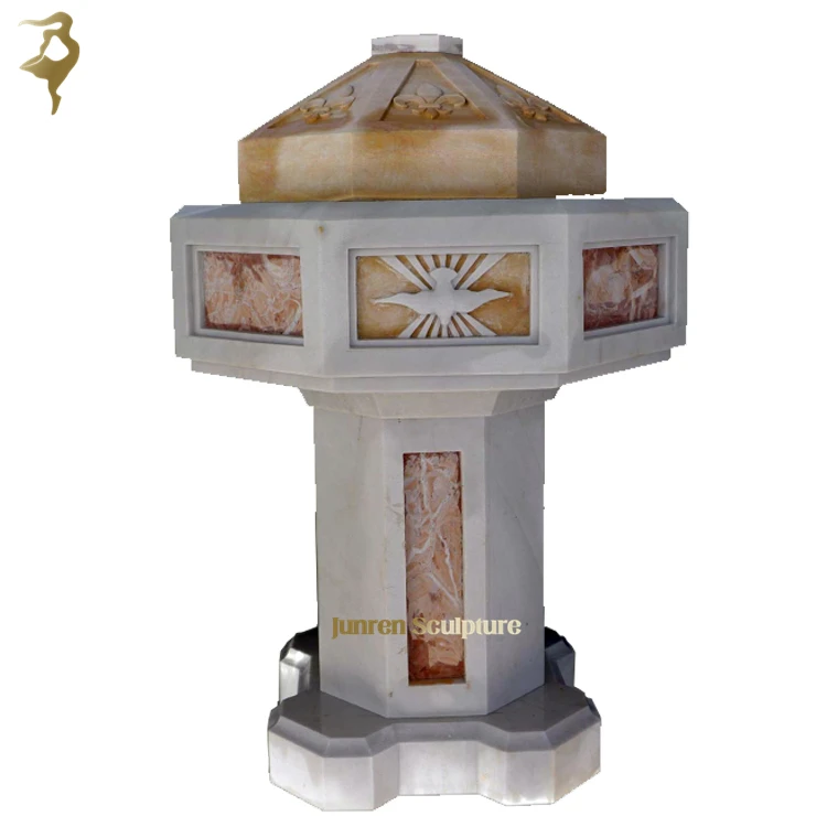 Hand Carved Religious Holy Cross Natural Stone Baptistery Marble Baptismal Font Catholic