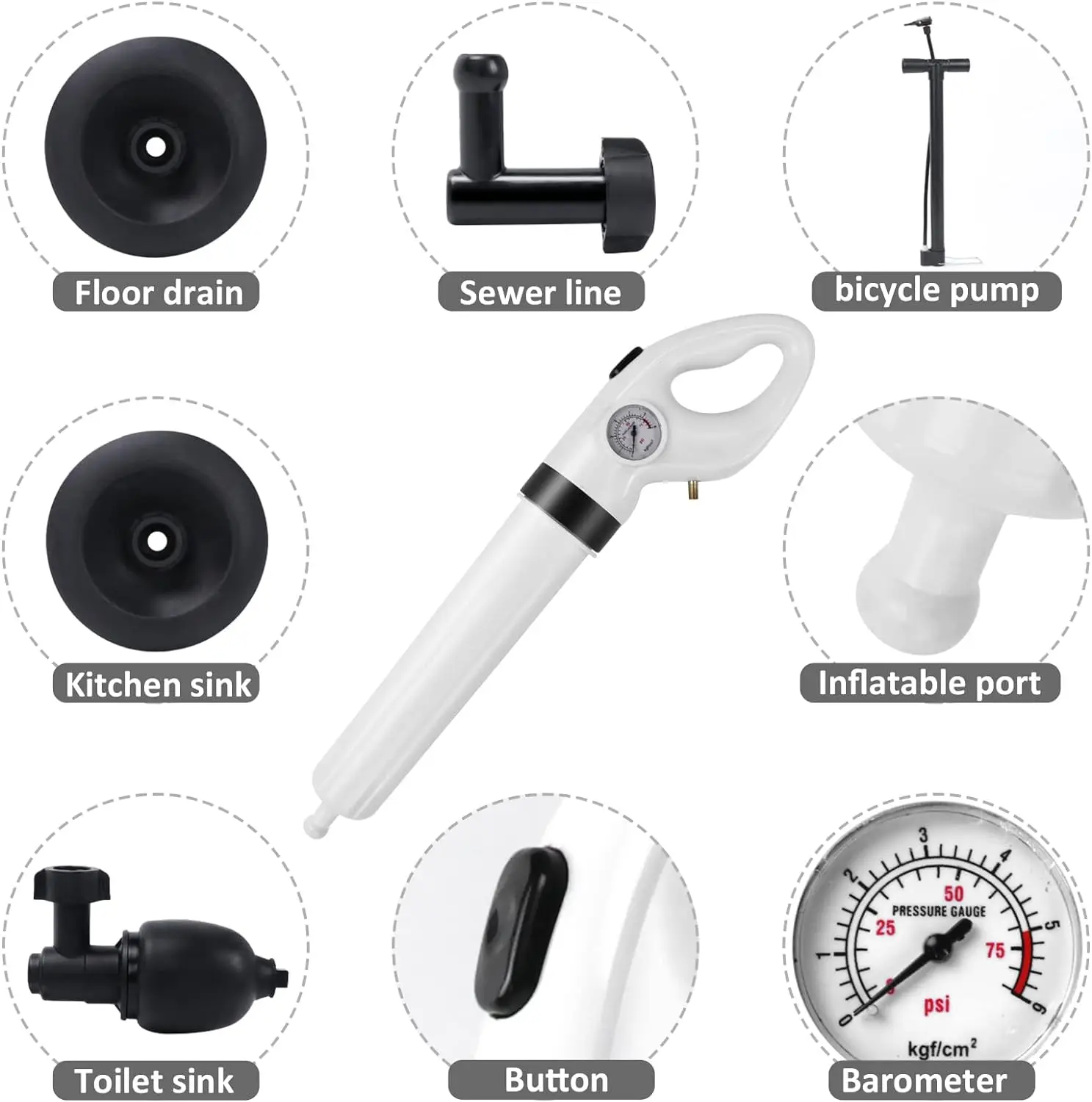 high pressure snake drain unclog toilet remover cleaner sink tool bathroom kitchen toilet auger air plunger blaster kit