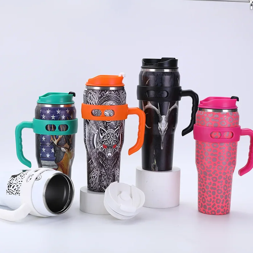 5D UV Custom Logo 40oz Stainless Steel Insulated Travel Tumbler with Handle Eco-Friendly Coffee Mug with Lids