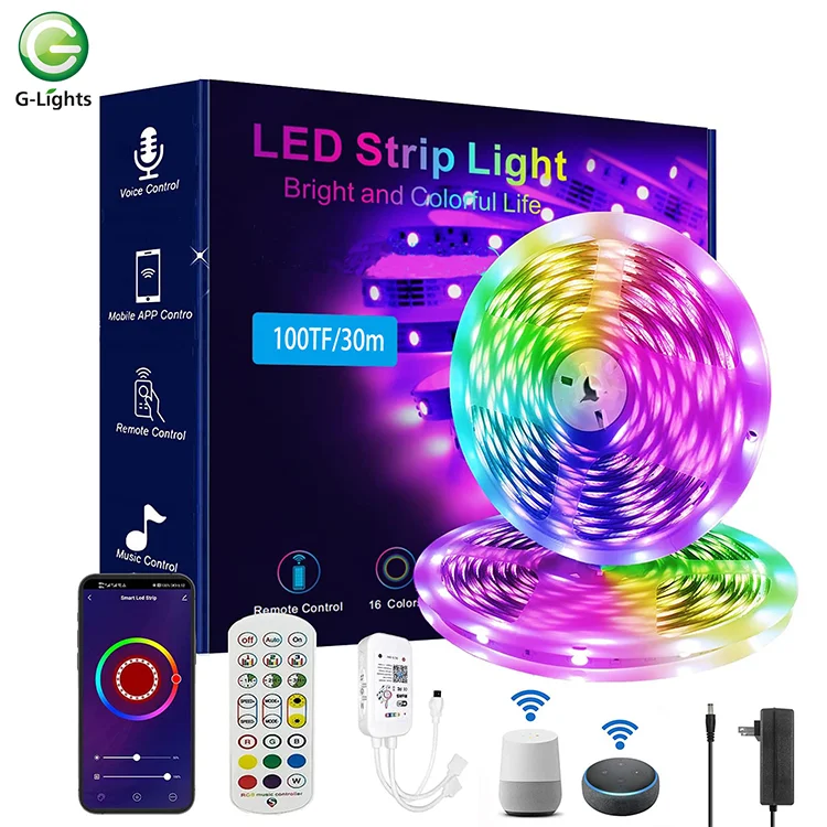 G-Lights High Quality Indoor Ip20 Remote Multicolor 24v 10m Neon Strip Lamp Smd Flexible Rgb Smart Led Strip Light