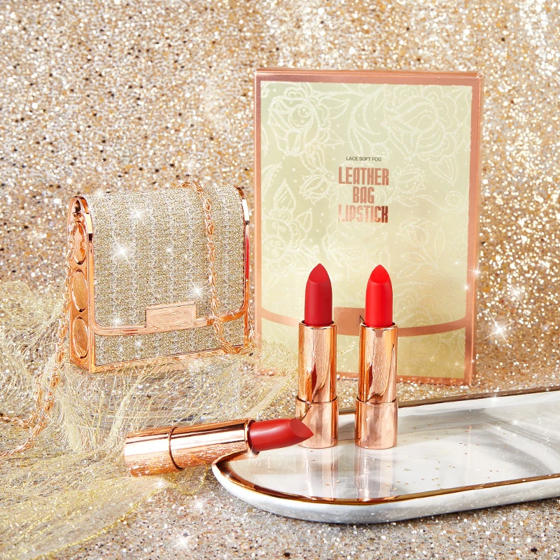 hit color leather bag shape lipstick gift box three colors long-lasting makeup private label waterproof velvet lipstick