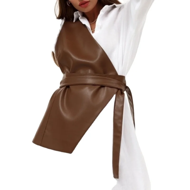 2023 New Pu Leather Tie Undershirt Female Urban Leisure Europe And The United States Solid Color Faux Leather Undershirt Outside