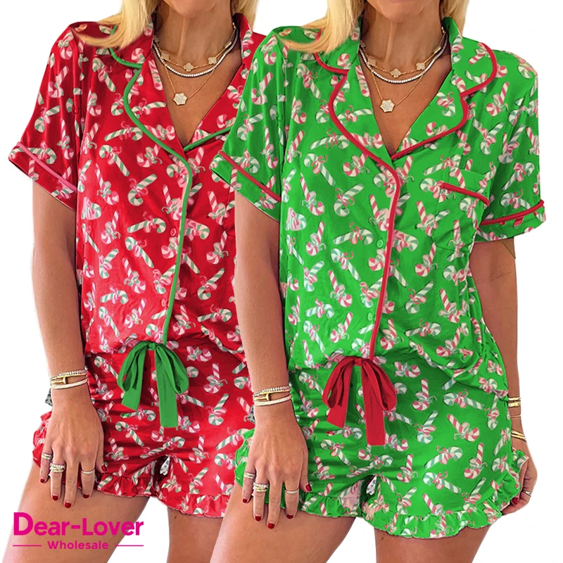 Dear-Lover Wholesale OEM ODM High Quality Cute Christmas Print Bow Knot Two Piece Lounge Wear Loungewear Women Pajama Set