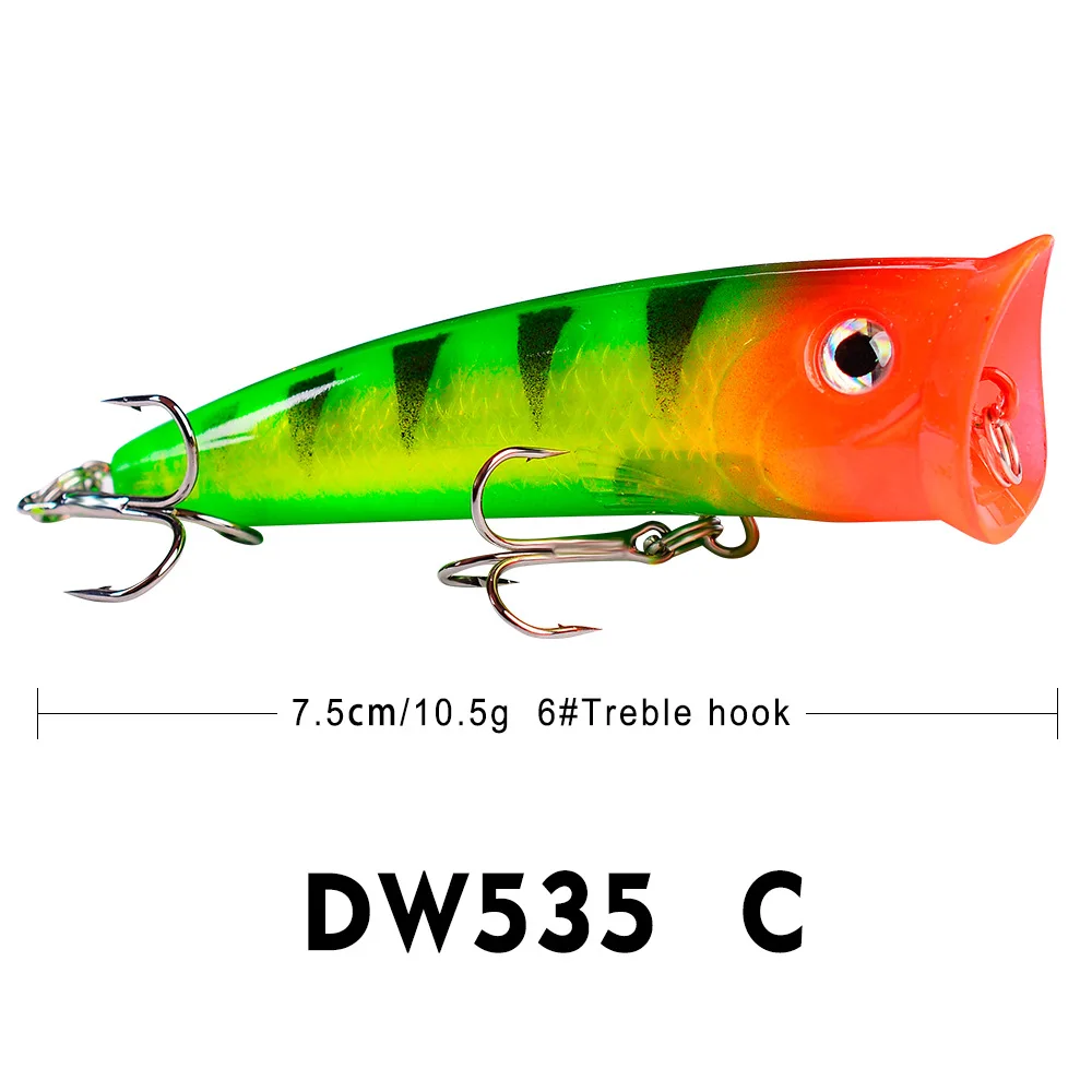 YIBAO 75mm Top Water Fishing Lure Popper with Treble Hooks Saltwater Topwater Hard Bod Artificial Bait Plastic Fishing Rig Lure