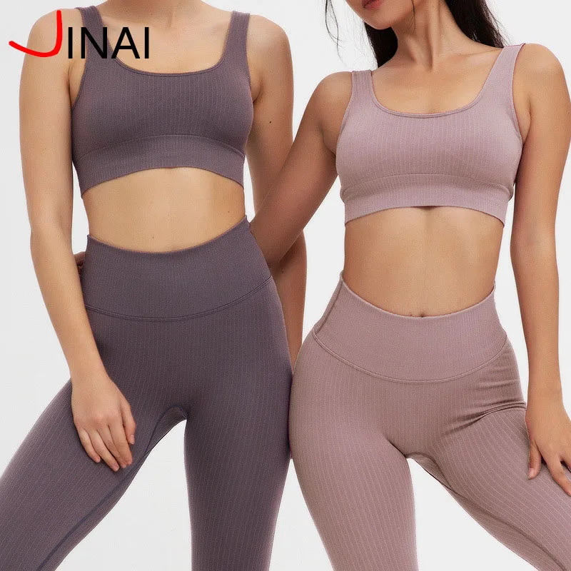 JINAI custom logo ribbed gym seamless set solid color ribbed tank top and high waist rib legging pant two piece set