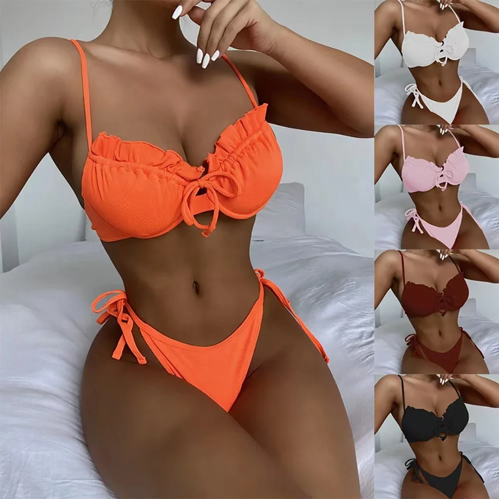 New Sexy Underwire Bikini Women Push Up Ruffle Pleated Micro Swimsuit Cut Out Bathing Suit Thong Swimwear 2023