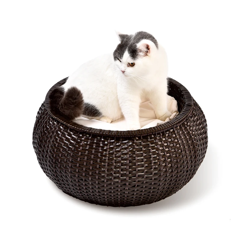 Artificial Removable Pad Elevated Raised Cat Pet Bed PE Wicker Rattan Basket Cat Cave Pet Bed House