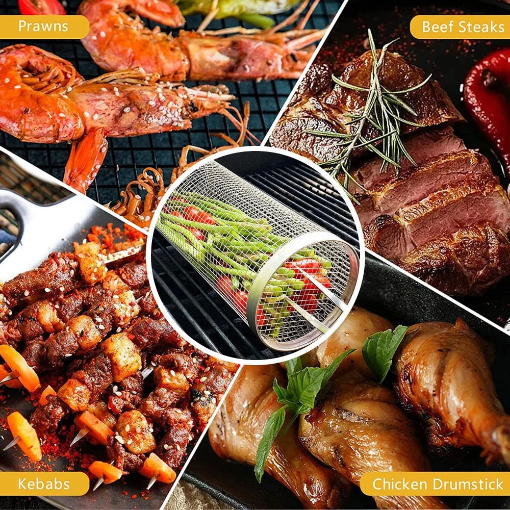 Round stainless steel metal net tube bbq barbecue basket cylinder rolling grilling basket